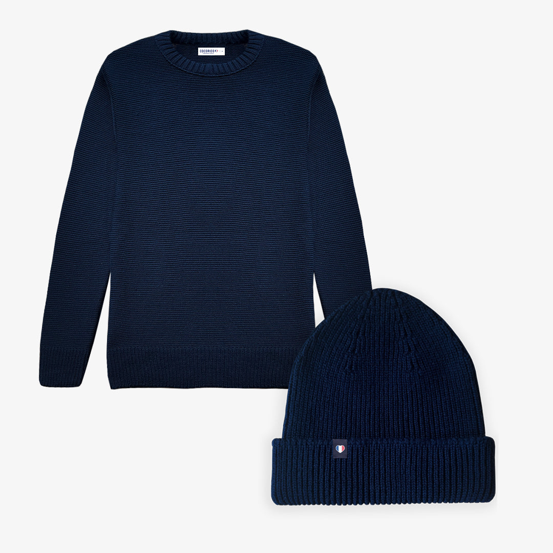 Pack Homme Pull / Bonnet Marine