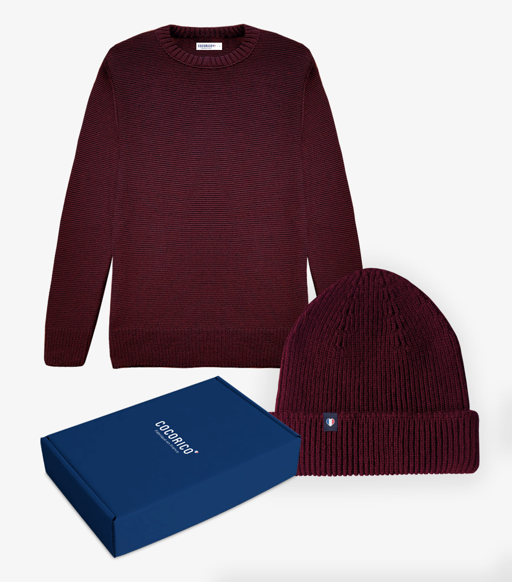 Coffret de Noël Homme - Pull Bonnet Bordeaux