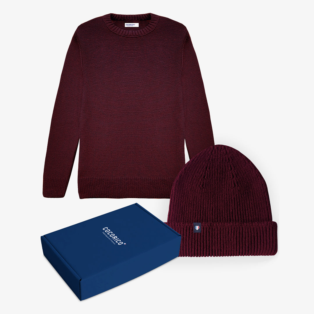 Coffret de Noël Homme - Pull Bonnet Bordeaux