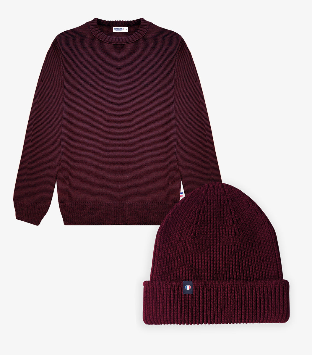 Coffret de Noël Femme - Pull Bonnet Bordeaux