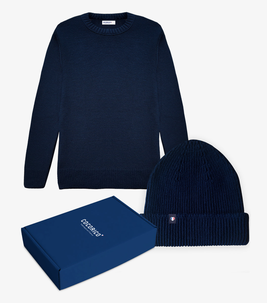 Coffret de Noël Homme - Pull Bonnet Marine