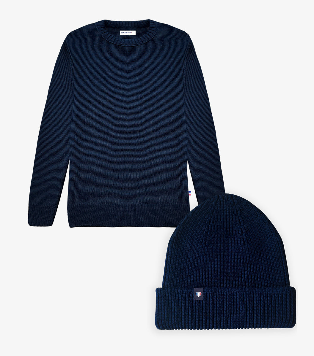 Pack Homme Pull / Bonnet Marine