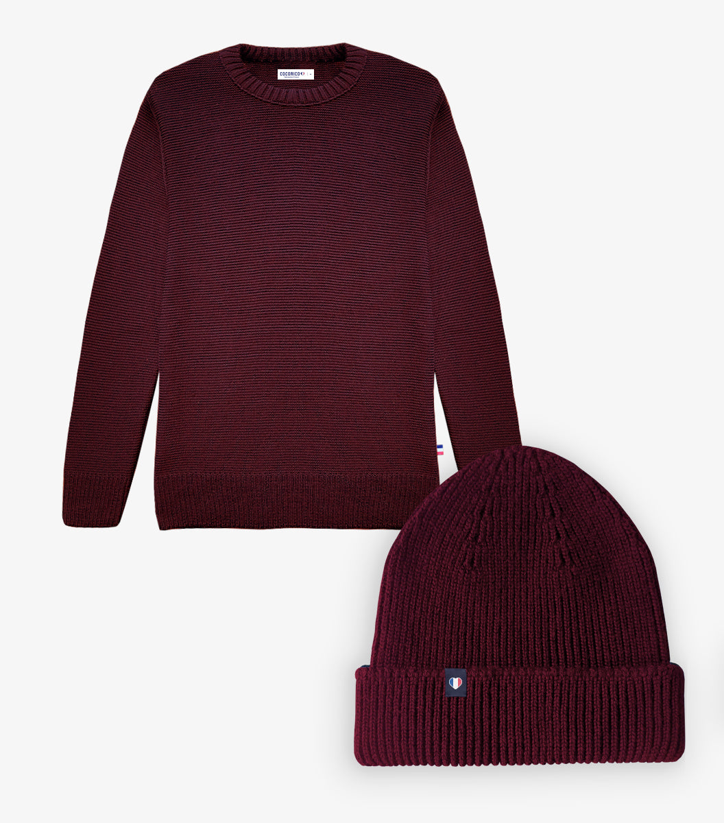 Coffret de Noël Homme - Pull Bonnet Bordeaux