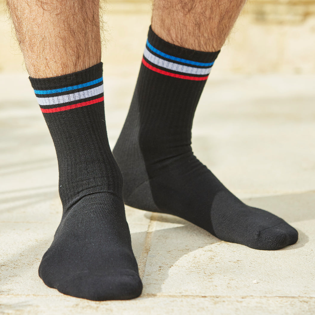 Chaussettes Homme Sport Noir - Bandes Rouge/Blanc