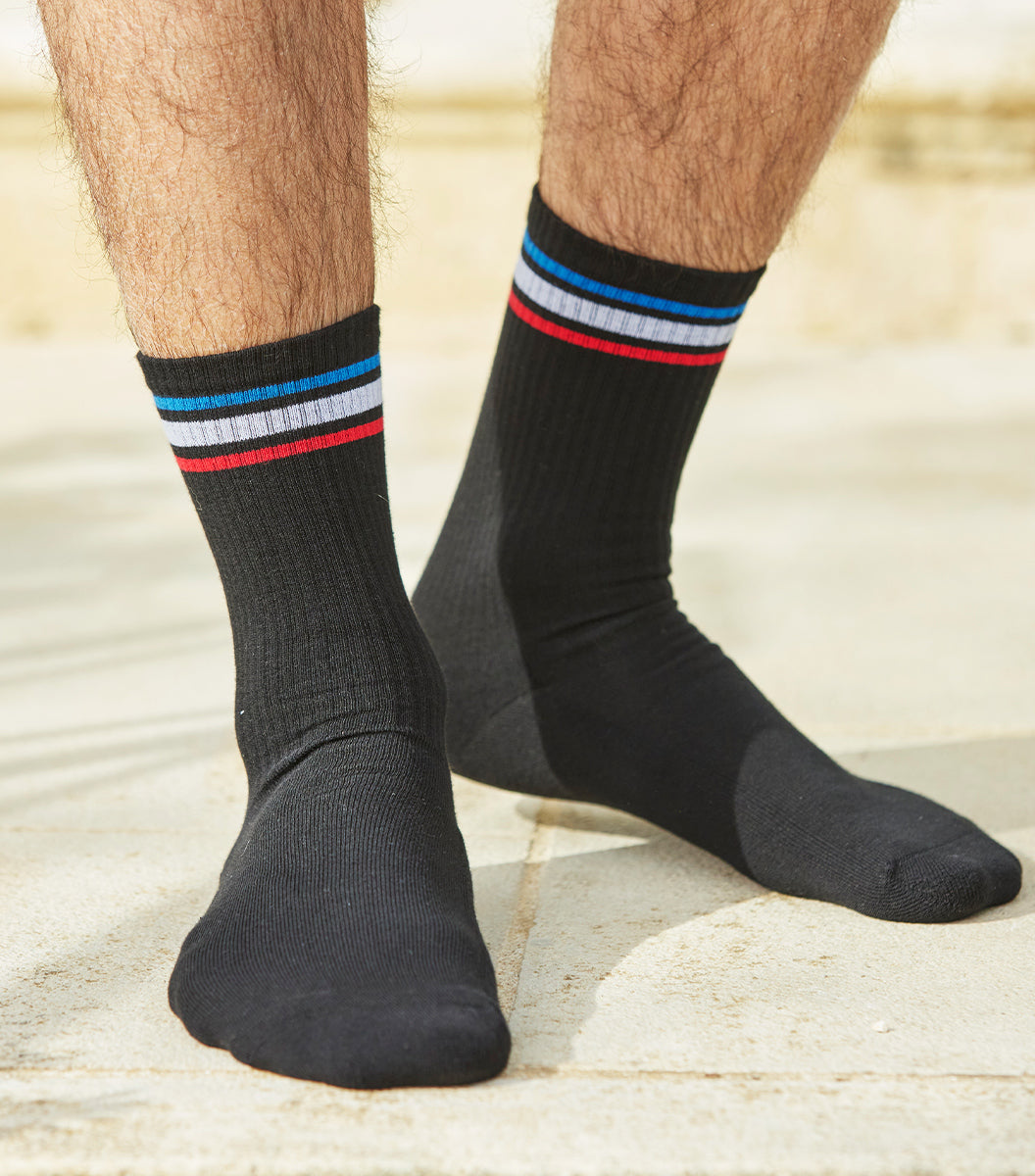 Chaussettes Homme Sport Noir - Bandes Rouge/Blanc