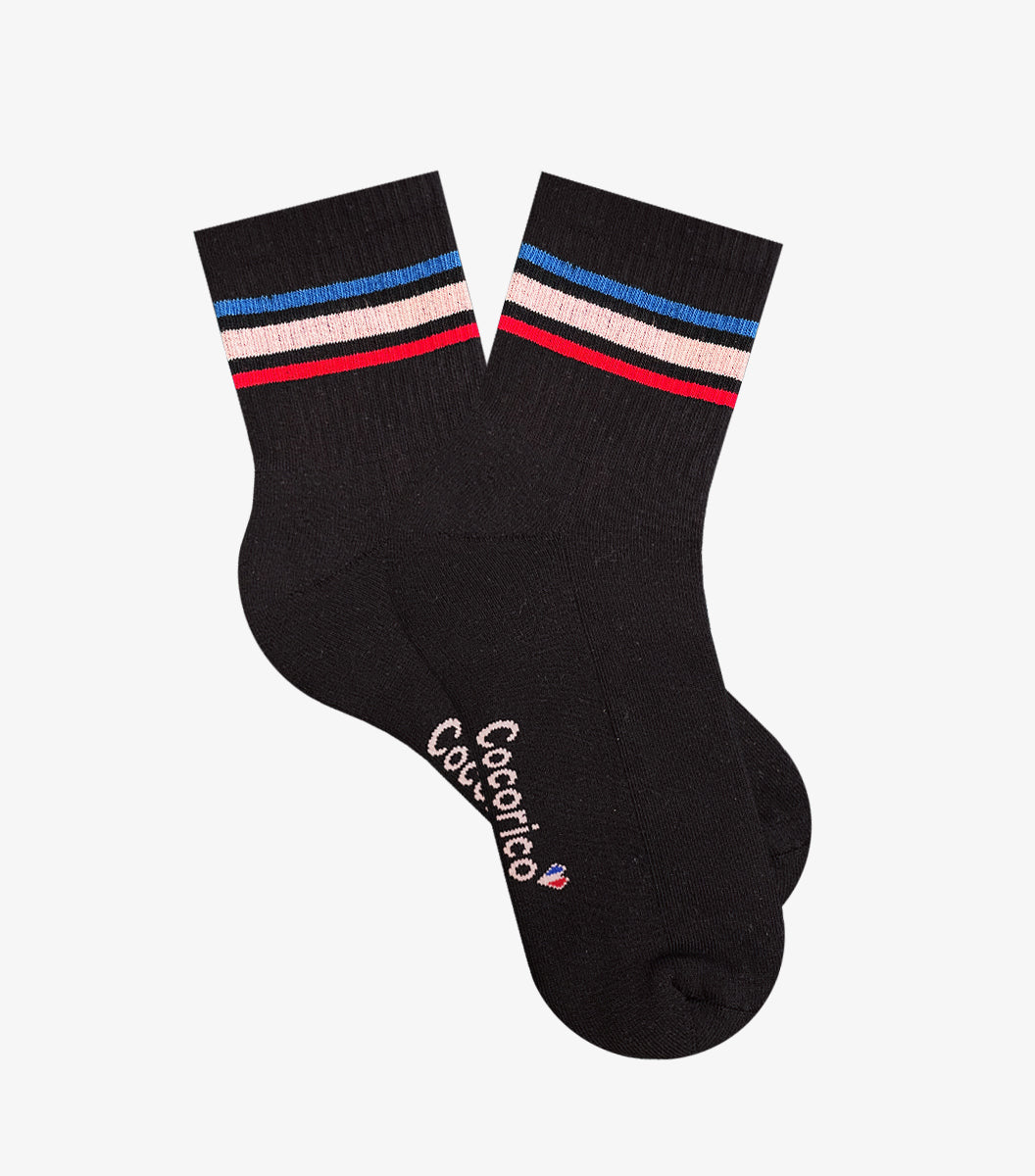 Chaussettes Femme Sport Noir - Bandes Rouge/Blanc