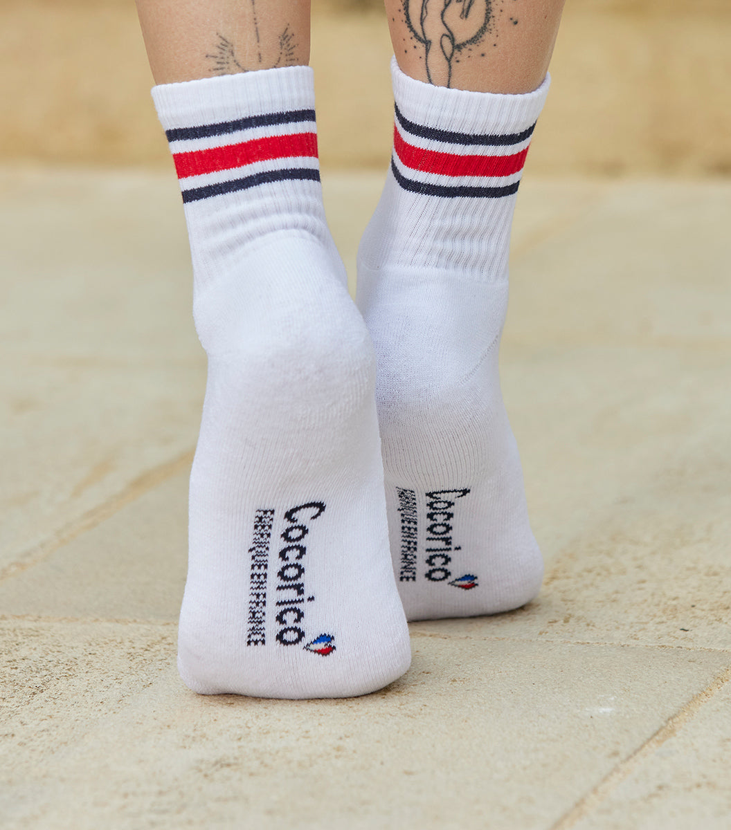 Chaussettes Femme Sport Blanc - Bandes Rouge/Blanc