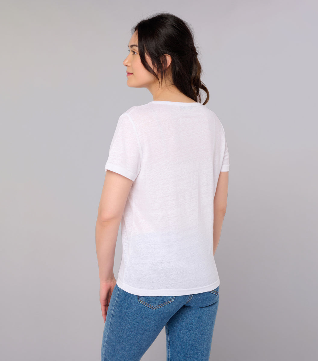 T shirt col V Lin Femme Blanc Intemporel Made in France Cocorico